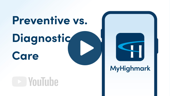 mobile phone with myHighmark app logo and Preventive vs. Diagnostic Care text